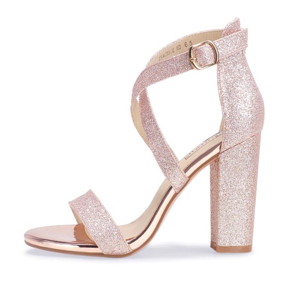 Chunky High Heel Sandal Strappy Open Toe Ankle Strap Rose Gold Shiny - Picture 3 of 5